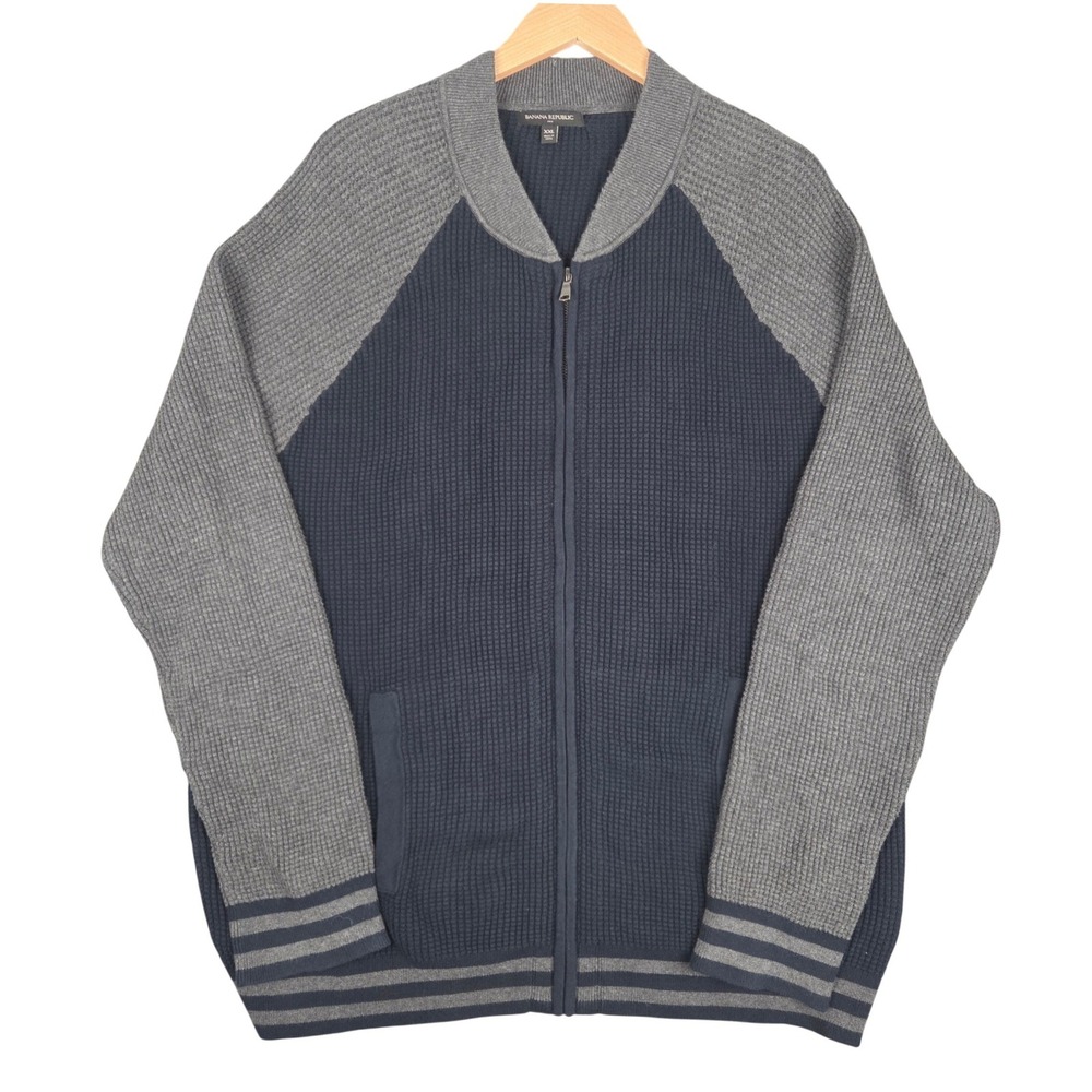 Banana Republic Mens XXL Full Zip Waffle Knit Cardigan Navy Grey Bomber Sweater
